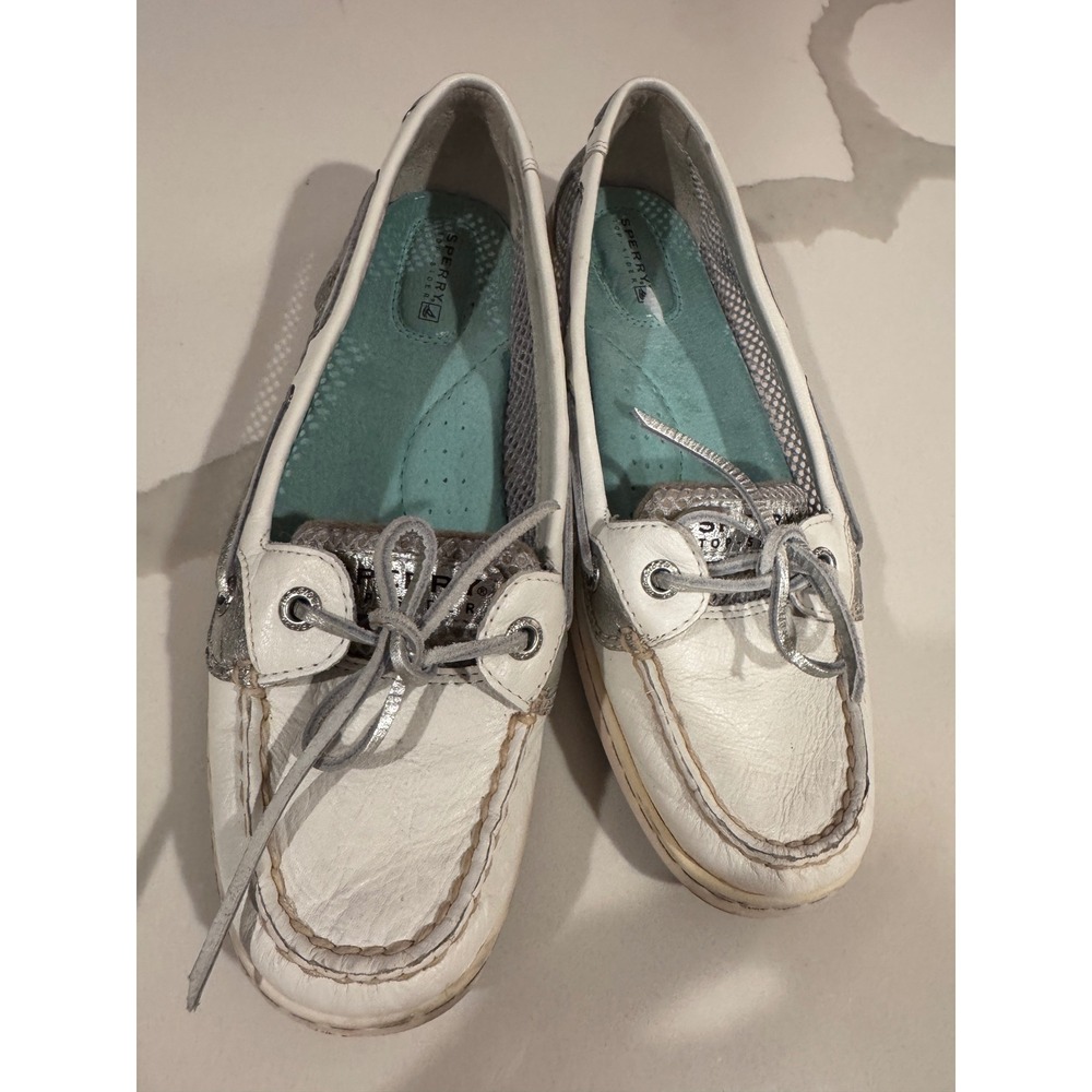 Sperry Top-Sider Womens‎ White Silver Leather Mesh Boat Shoes Size 8M